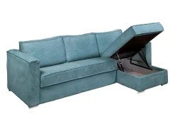 Vente-unique Sofá*Sofá canto convert. abert. rápida veludo canelado azul-turquesa cama 140cm esp.22cm LORETO Azul turquesa