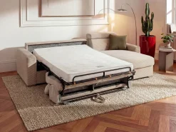 Vente-unique Sofá*Sofá canto convertível abert. rápida veludo canelado , cama ripas largas 140cm VIZIR Bege