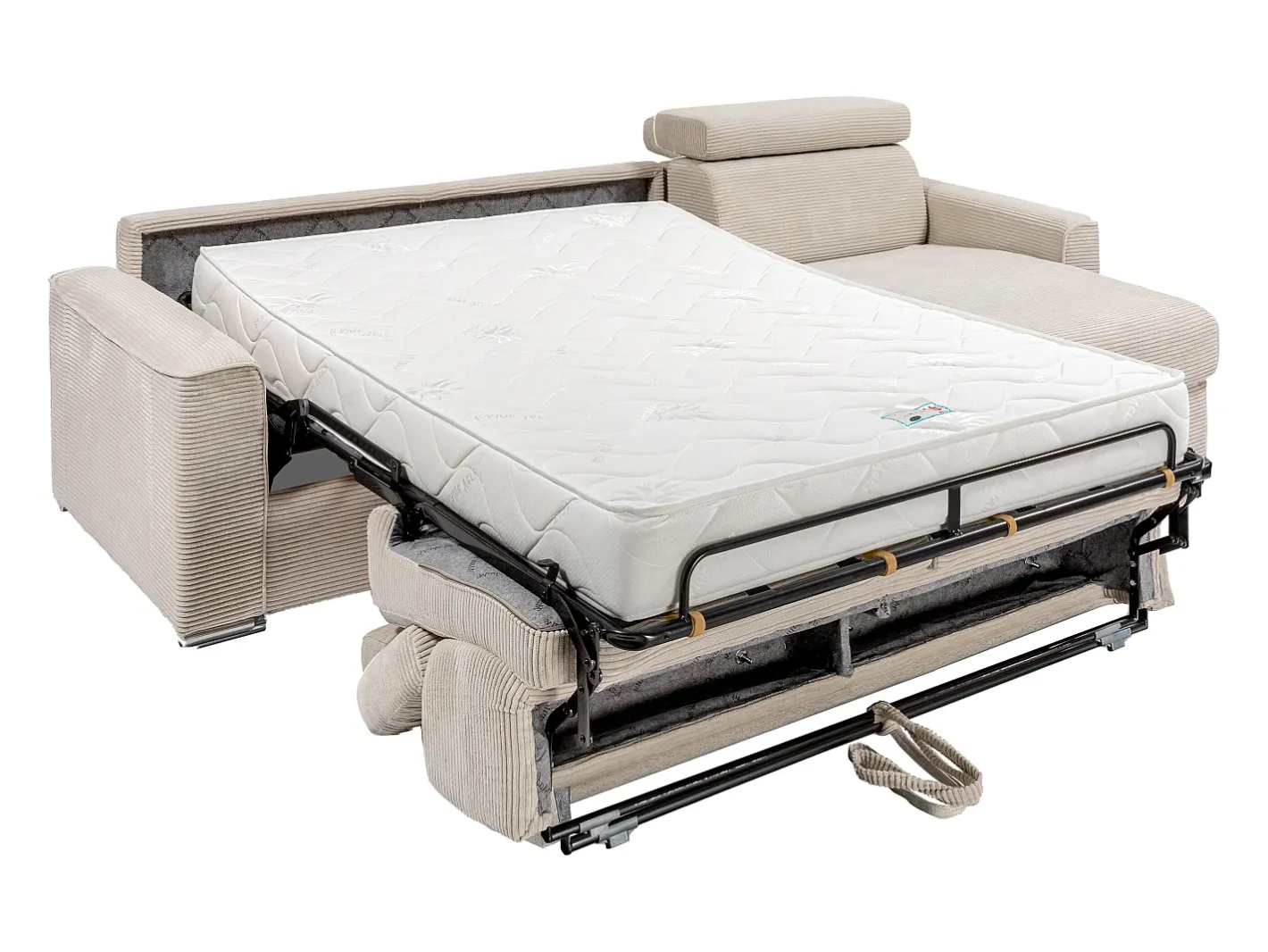 Vente-unique Sofá*Sofá canto convertível abert. rápida veludo canelado , cama ripas largas 160cm VIZIR Bege