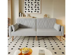 Best Sofá conversível em veludo cinza - com 2 almofadas - braços e encosto ajustáveis - pés em madeira maciça - 180x75x82cm Sofá