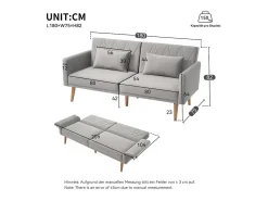 Best Sofá conversível em veludo cinza - com 2 almofadas - braços e encosto ajustáveis - pés em madeira maciça - 180x75x82cm Sofá