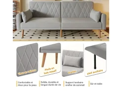 Best Sofá conversível em veludo cinza - com 2 almofadas - braços e encosto ajustáveis - pés em madeira maciça - 180x75x82cm Sofá