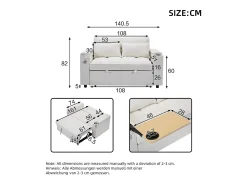 Sofá conversível para 2 pessoas 140.5x74x82 cm - Encosto ajustável - Porta USB - Porta-copos - Mesa de apoio -^ModernLuxe Hot