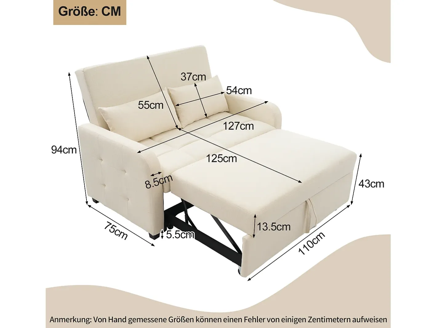 Sofá conversível 127x75x94 cm - Encosto ajustável - Com 2 almofadas -*ModernLuxe