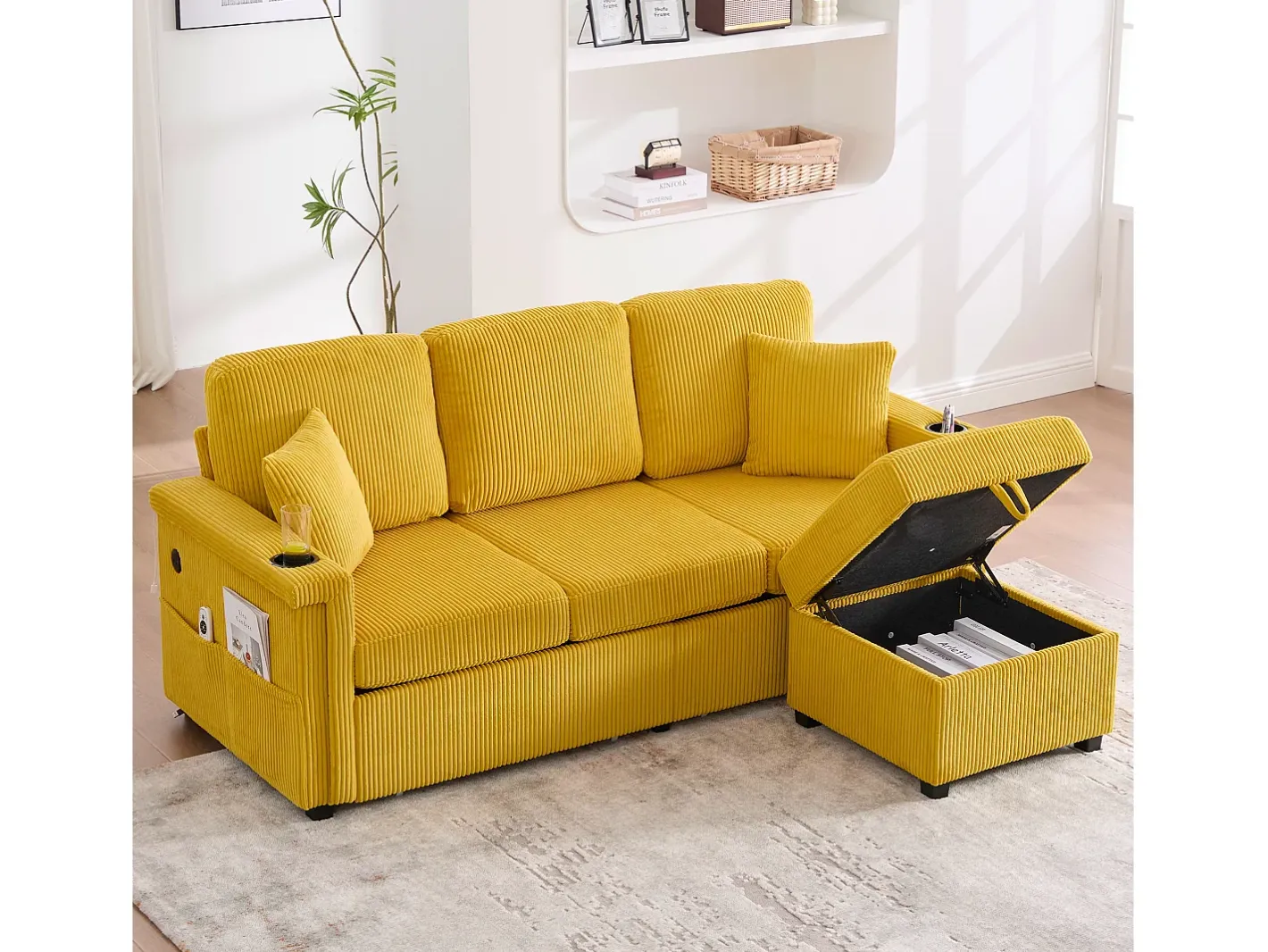 Sofá de 4 lugares - Sofá de canto com iluminação LED e apoio para os pés com compartimento - suporte para copos e bolsos laterais - bombazine* Outlet