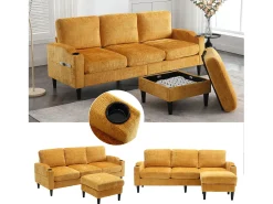 Sofá de 4 lugares com pufe - 196,5 x 75 x 77 cm - com armazenamento + braços - veludo -^Merax Outlet