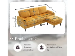 Sofá de 4 lugares com pufe - 196,5 x 75 x 77 cm - com armazenamento + braços - veludo -^Merax Outlet