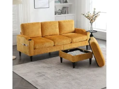 Sofá de 4 lugares com pufe - 196,5 x 75 x 77 cm - com armazenamento + braços - veludo -^Merax Outlet
