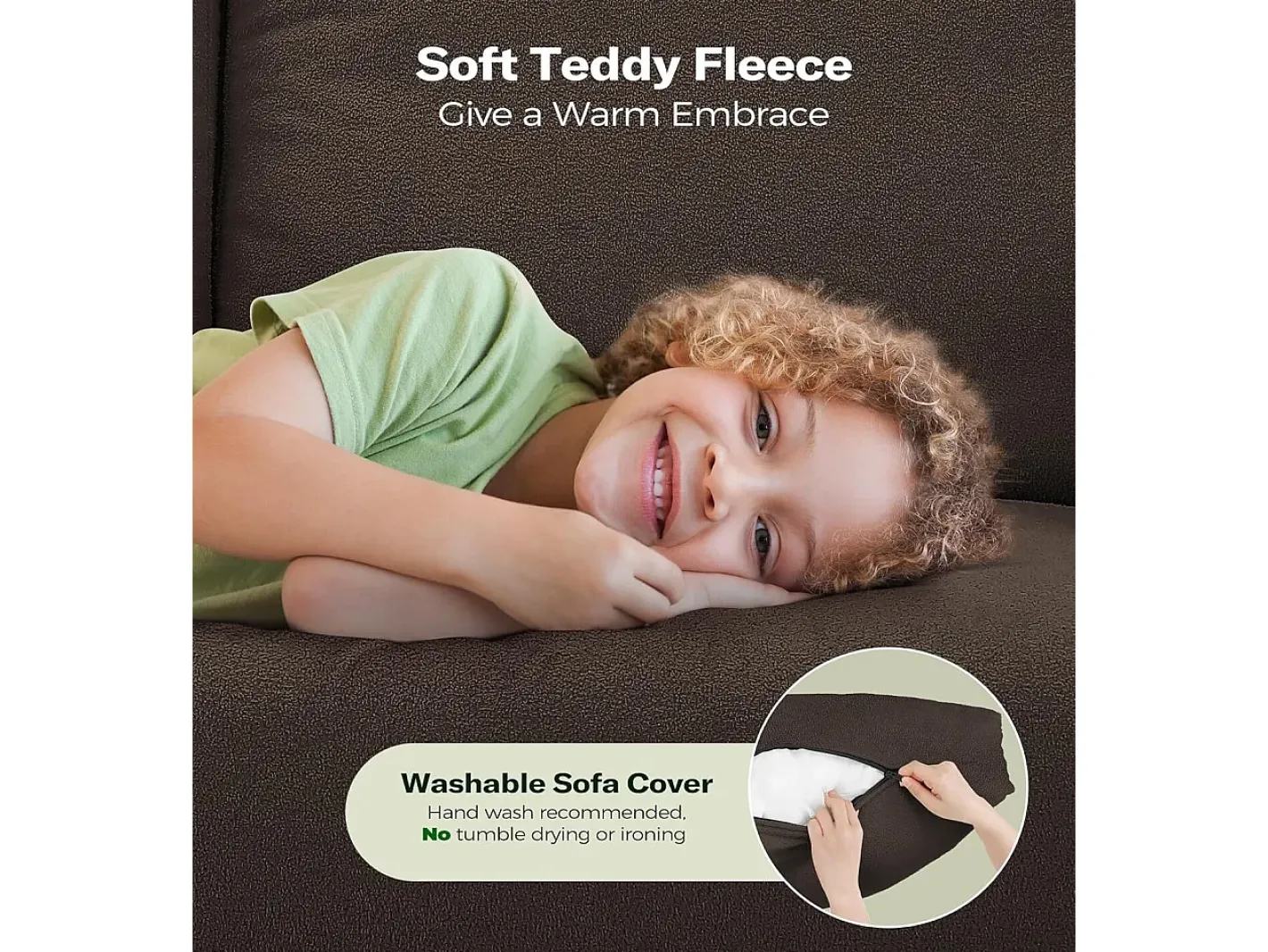 Sofá de 3 lugares em Teddy Velvet, sofá grande do sofá direito em madeira maciça, sofre com apoios de braços, 210 x 79 x 89 cm - marrom^DripeX Clearance