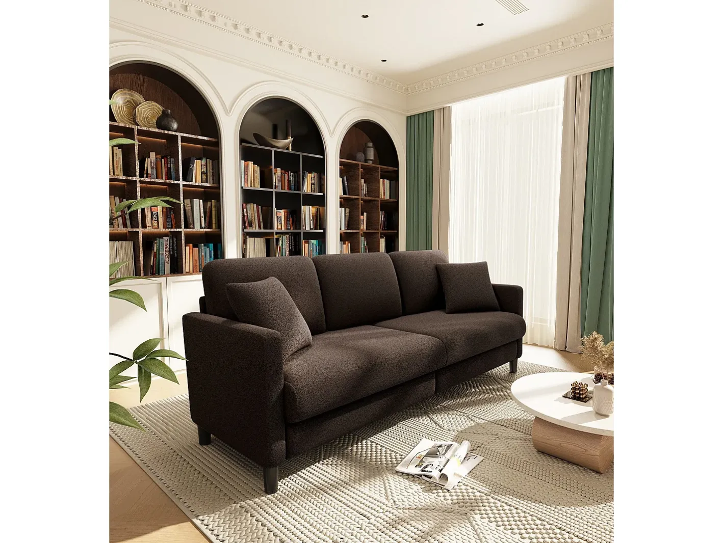 Sofá de 3 lugares em Teddy Velvet, sofá grande do sofá direito em madeira maciça, sofre com apoios de braços, 210 x 79 x 89 cm - marrom^DripeX Clearance