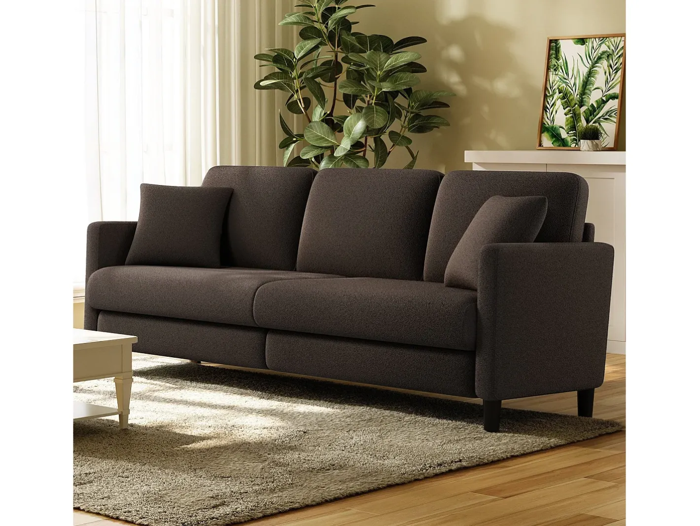 Sofá de 3 lugares em Teddy Velvet, sofá grande do sofá direito em madeira maciça, sofre com apoios de braços, 210 x 79 x 89 cm - marrom^DripeX Clearance