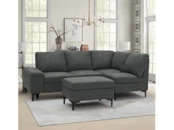 Clearance Sofá de canto 4/5 lugares em chenille cinza antracite com pufe KONEKT 3 lugares - Confortável, modular e elegante Sofá