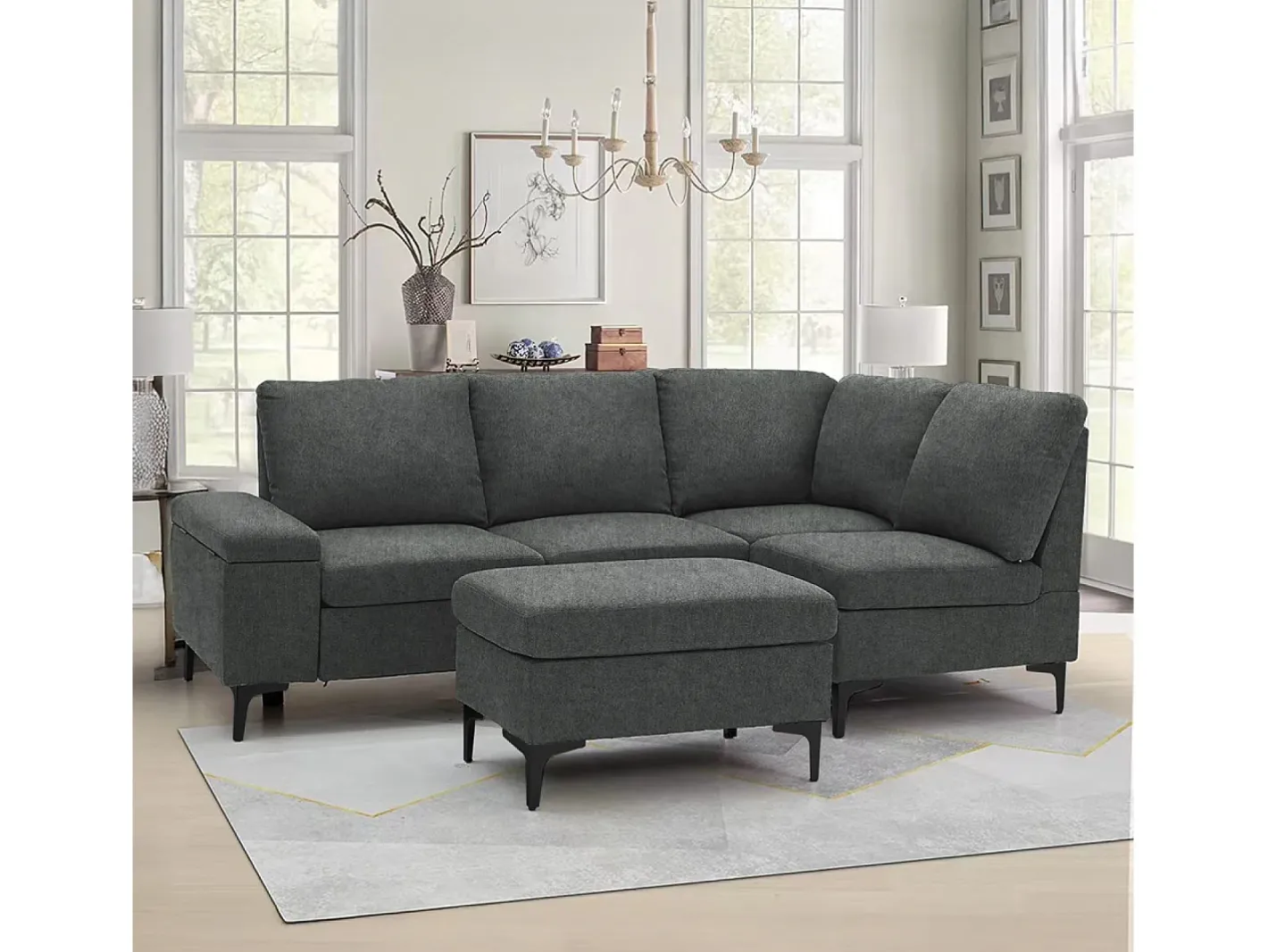 Clearance Sofá de canto 4/5 lugares em chenille cinza antracite com pufe KONEKT 3 lugares - Confortável, modular e elegante Sofá