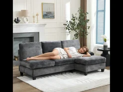 Sofá de canto 3 lugares em forma de L - 194x118x81 cm - Modular - Almofadas macias - Linho - Cinza*ModernLuxe New