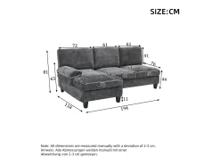 Sofá de canto 3 lugares em forma de L - 194x118x81 cm - Modular - Almofadas macias - Linho - Cinza*ModernLuxe New