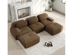 Sofá de canto 3 lugares modular - em Veludo cotelê - com 3 almofadas e 2 puffs - 298x178x70cm - Marrom*DripeX Hot