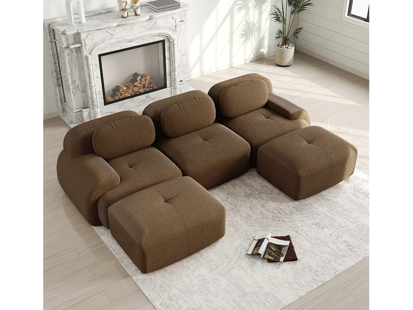 Sofá de canto 3 lugares modular - em Veludo cotelê - com 3 almofadas e 2 puffs - 298x178x70cm - Marrom*DripeX Hot