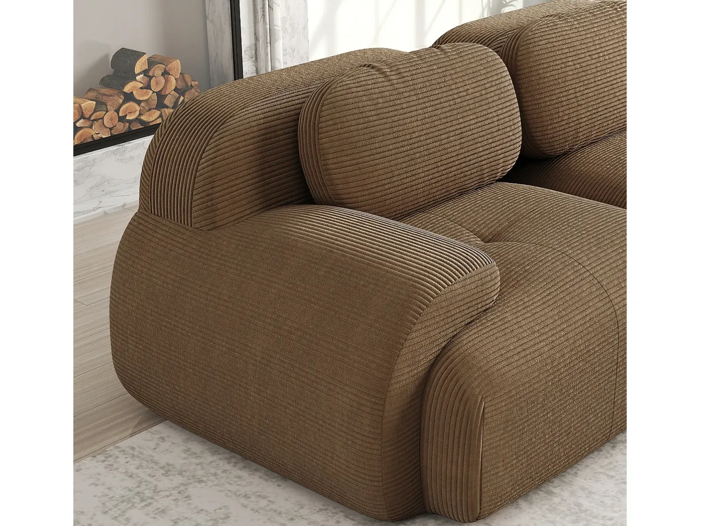 Sofá de canto 3 lugares modular - em Veludo cotelê - com 3 almofadas e 2 puffs - 298x178x70cm - Marrom*DripeX Hot