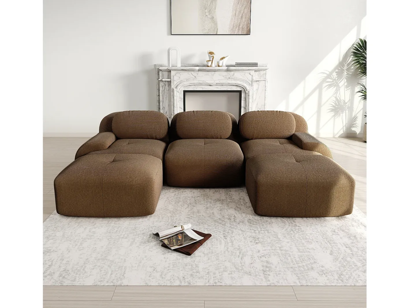 Sofá de canto 3 lugares modular - em Veludo cotelê - com 3 almofadas e 2 puffs - 298x178x70cm - Marrom*DripeX Hot