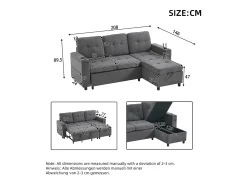 Sofá de canto 3 lugares 208x146x89,5 cm - Dobrável - com iluminação LED - com porta-copos e saco de armazenamento - Cinza^ModernLuxe