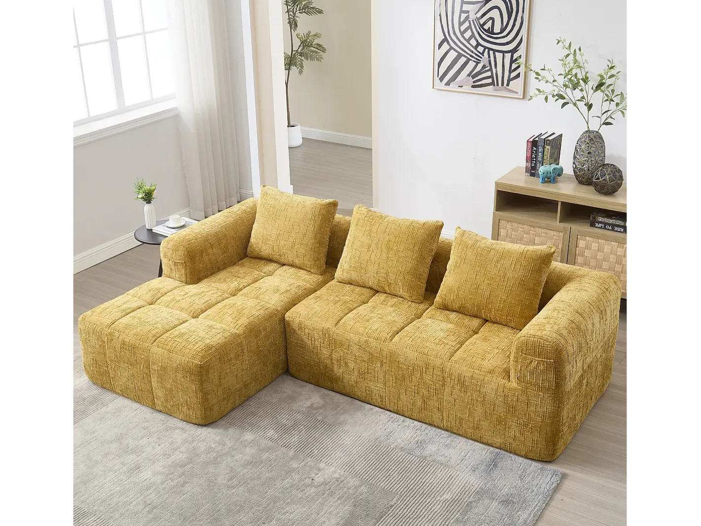 Sofá de canto - com bolsas de arrumação e 3 almofadas - chenille - com chaise longue e braços* Sale