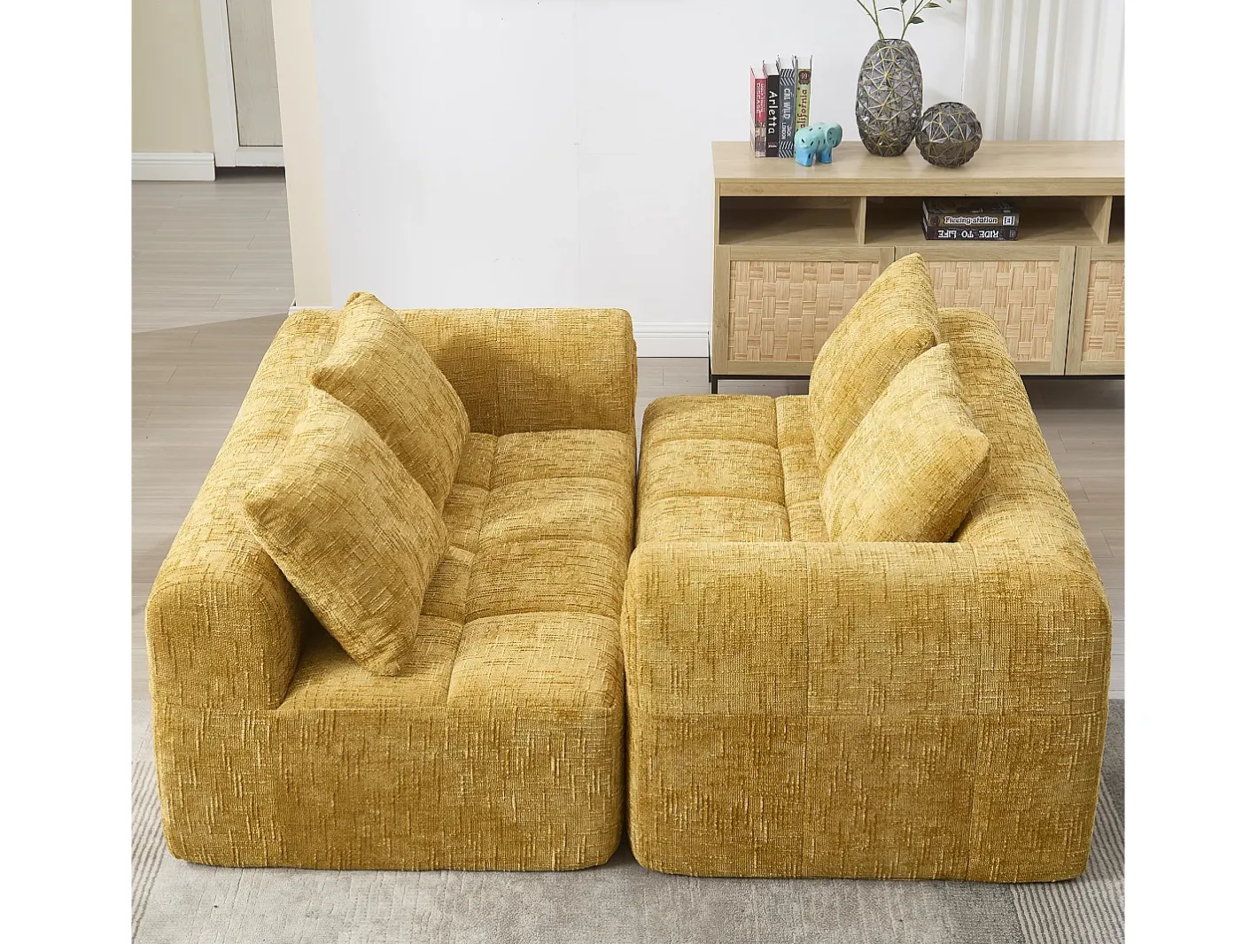 Sofá de canto - com bolsas de arrumação e 3 almofadas - chenille - com chaise longue e braços* Sale