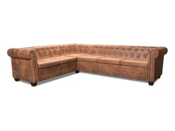 Clearance Sofá de canto Chesterfield 6 lugares couro sintético marrom 02_0020241 Sofá