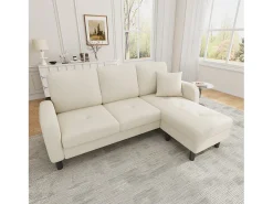 Sofá de canto com chaise longue - 3 lugares - tecido de algodão e linho - Bege claro^ModernLuxe Online