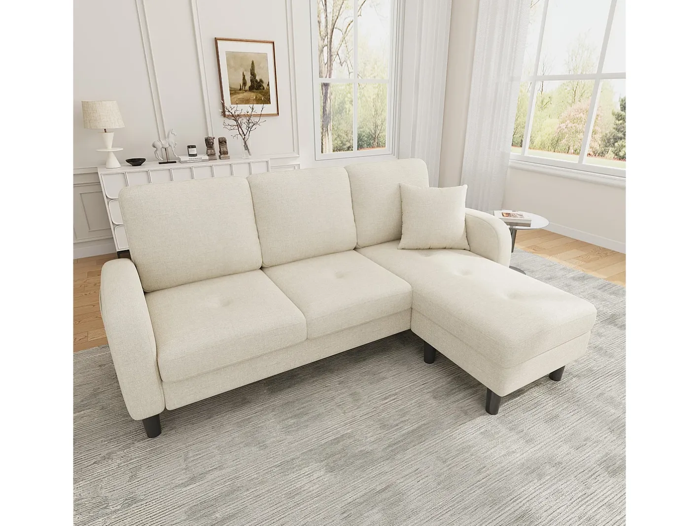 Sofá de canto com chaise longue - 3 lugares - tecido de algodão e linho - Bege claro^ModernLuxe Online