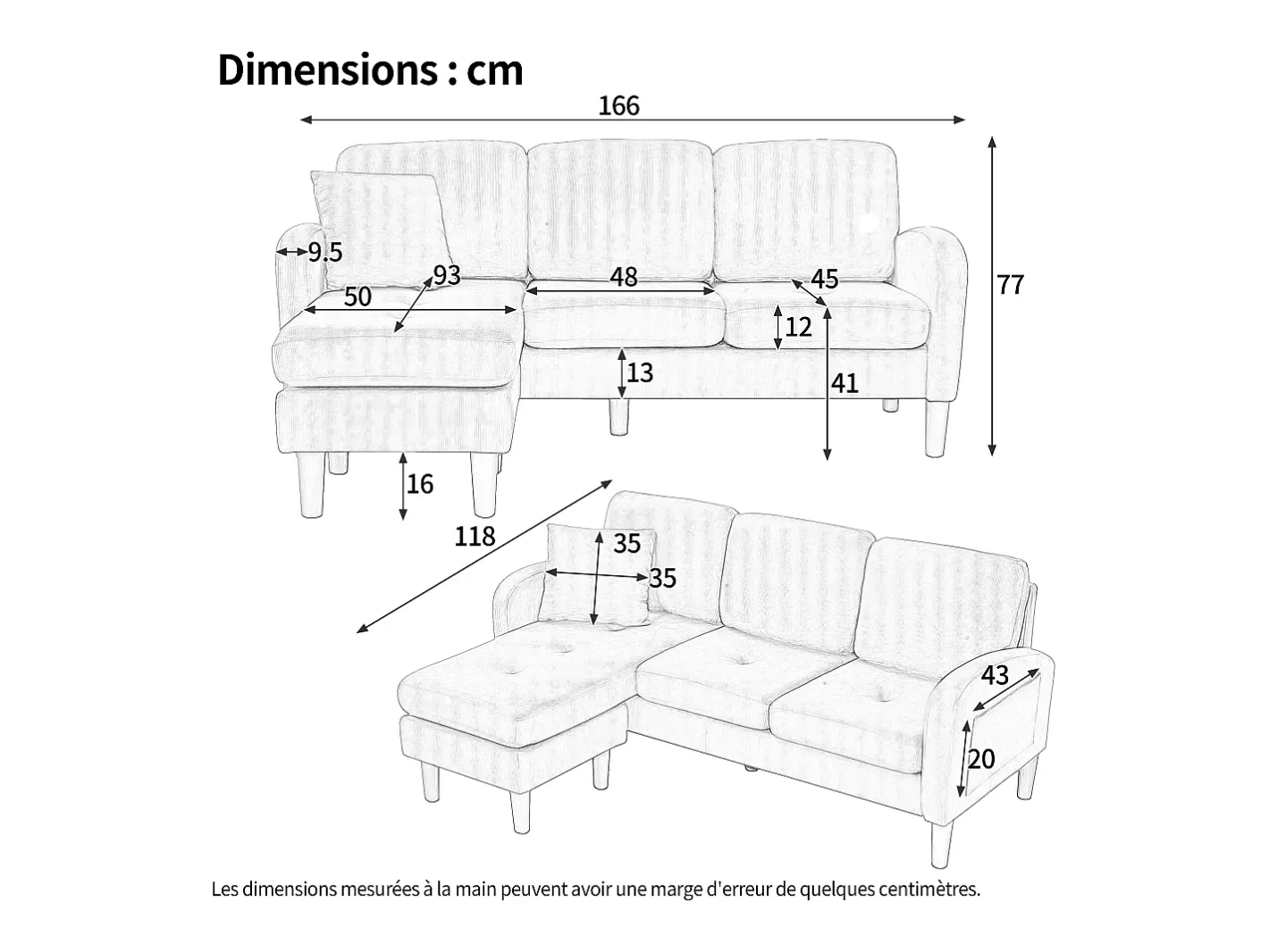 Sofá de canto com chaise longue - 3 lugares - tecido de algodão e linho - Bege claro^ModernLuxe Online