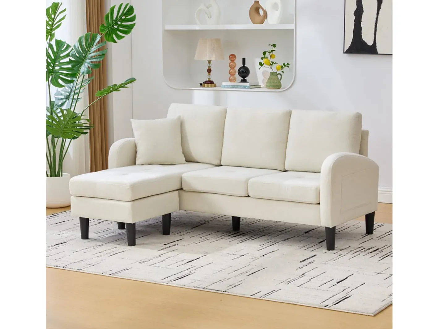 Sofá de canto com chaise longue - 3 lugares - tecido de algodão e linho - Bege claro^ModernLuxe Online