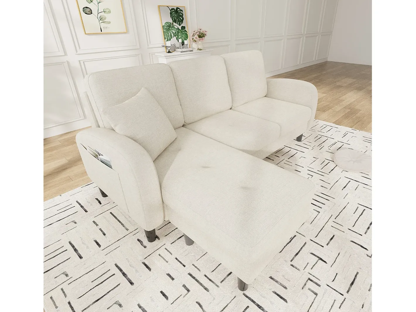 Sofá de canto com chaise longue - 3 lugares - tecido de algodão e linho - Bege claro^ModernLuxe Online