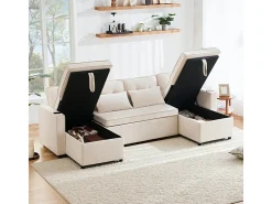 Sofá de canto conversível com 2 baús, almofada e porta-copos - Algodão e linho - 270×130×86 cm -*DripeX Discount