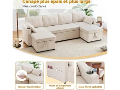 Sofá de canto conversível com 2 baús, almofada e porta-copos - Algodão e linho - 270×130×86 cm -*DripeX Discount