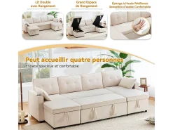 Sofá de canto conversível com 2 baús, almofada e porta-copos - Algodão e linho - 270×130×86 cm -*DripeX Discount