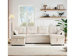 Sofá de canto conversível com 2 baús, almofada e porta-copos - Algodão e linho - 270×130×86 cm -*DripeX Discount