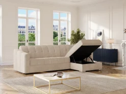 Vente-unique Sofá*Sofá de canto convertível et reversível abertura rápida em tecido - 160 cm - 18 cm DARIELO Bege