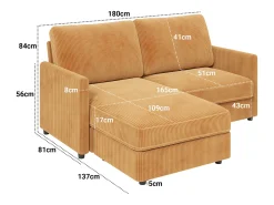 Sofá de canto de 2 -Sater - ângulo reversível para a direita / esquerda - 180x140x86cm - em tecido de veludo com nervuras - Max 300kg Load - Mostarda Amarelo^DripeX Online
