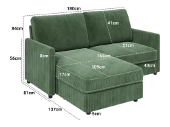 Best Sofá de canto de 2 -Sater - ângulo reversível para a direita / esquerda - 180x140x86cm - em tecido de veludo com nervuras - carga máxima de 300 kg - Sofá