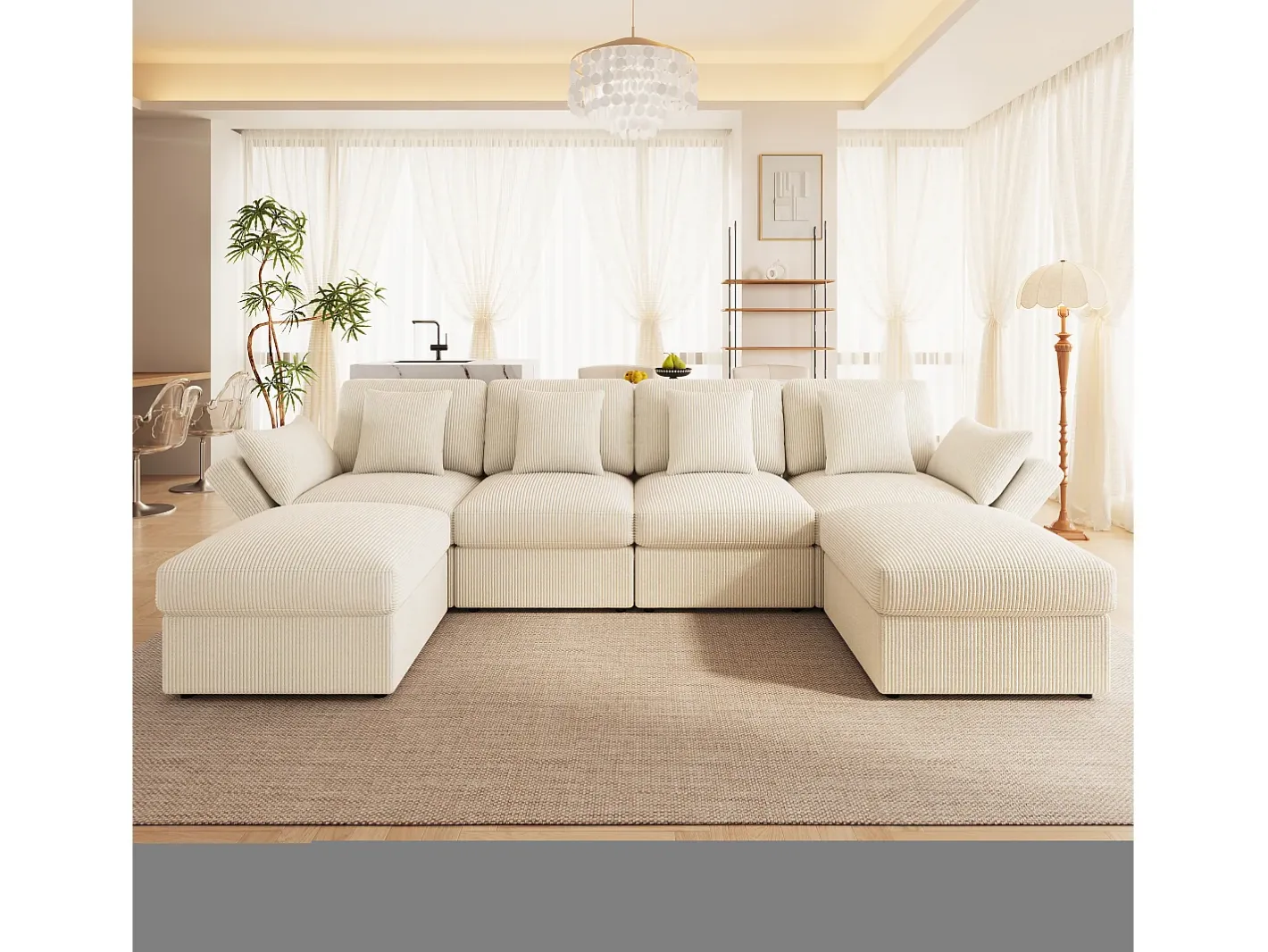 Sofá de canto em forma de U - 6 lugares - con apoios de braço ajustáveis - con descanso de pés removível - Veludo canelado -^ModernLuxe Clearance