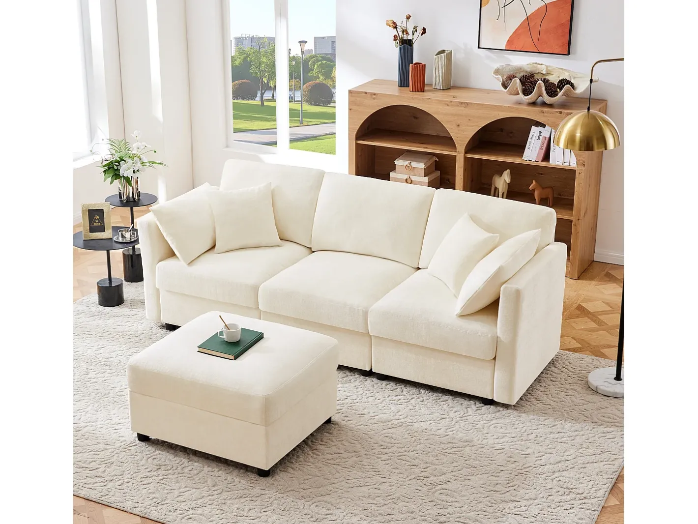 Sofá de canto em L - 3 lugares - com descanso para os pés - 4 almofadas - braços ajustáveis -*ModernLuxe Clearance