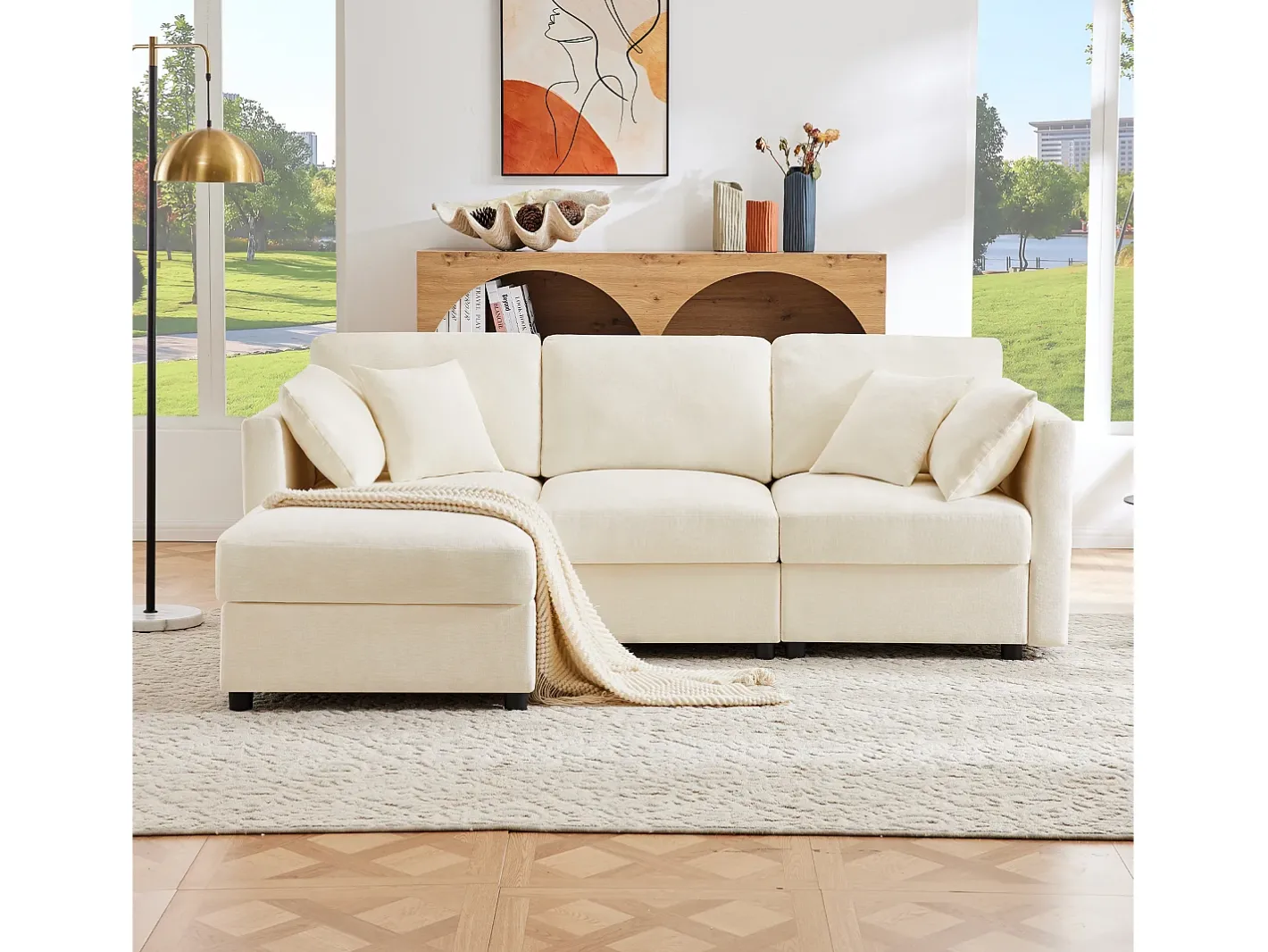 Sofá de canto em L - 3 lugares - com descanso para os pés - 4 almofadas - braços ajustáveis -*ModernLuxe Clearance