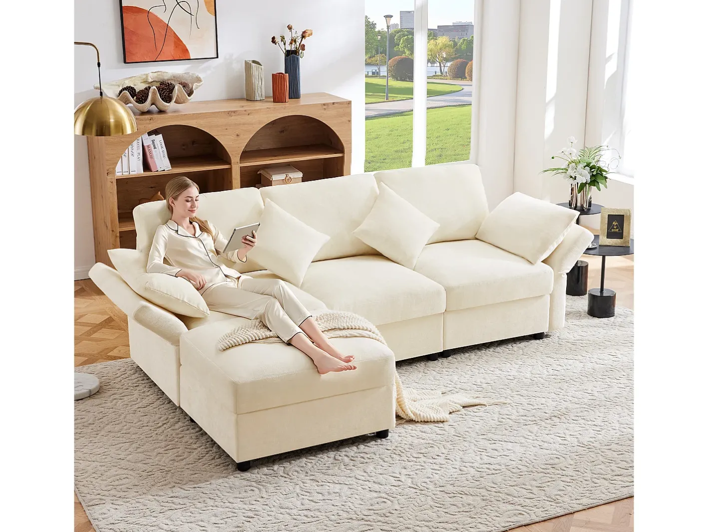 Sofá de canto em L - 3 lugares - com descanso para os pés - 4 almofadas - braços ajustáveis -*ModernLuxe Clearance