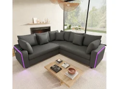 Sofá de canto em L - 4 lugares - con iluminação LED - porta de carregamento USB - veludo canelado - cinza*ModernLuxe Clearance
