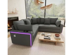 Sofá de canto em L - 4 lugares - con iluminação LED - porta de carregamento USB - veludo canelado - cinza*ModernLuxe Clearance