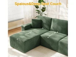 Sofá de canto esquerdo modular 3 lugares em veludo cotelê, com 2 almofadas, chaise longue 70x125cm,*DripeX New