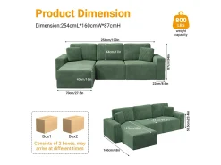 Sofá de canto esquerdo modular 3 lugares em veludo cotelê, com 2 almofadas, chaise longue 70x125cm,*DripeX New