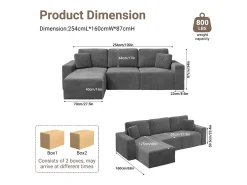 Sofá de canto esquerdo modular 3 lugares em veludo cotelê, com 2 almofadas, chaise longue 70x125cm, Cinza*DripeX Discount