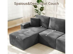 Sofá de canto esquerdo modular 3 lugares em veludo cotelê, com 2 almofadas, chaise longue 70x125cm, Cinza*DripeX Discount