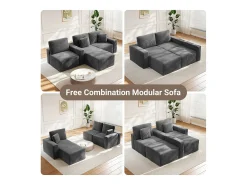 Sofá de canto esquerdo modular 3 lugares em veludo cotelê, com 2 almofadas, chaise longue 70x125cm, Cinza*DripeX Discount